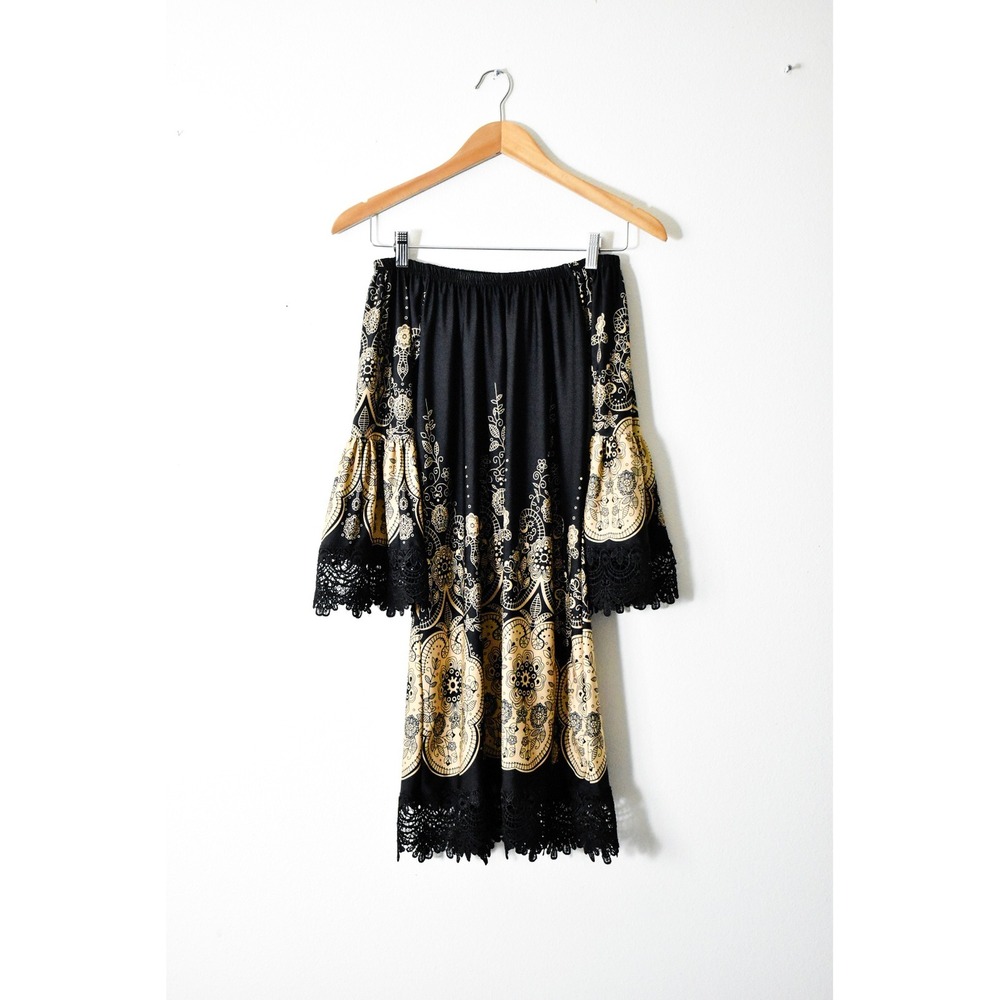 White Mark Off Shoulder Dress Womens S Black Gold Modern Boho Lace Bell Sleeve